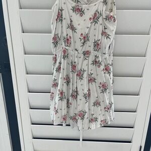 White Floral Print Romper Jumpsuit Spaghetti Straps Elastic Waist‎ Pockets